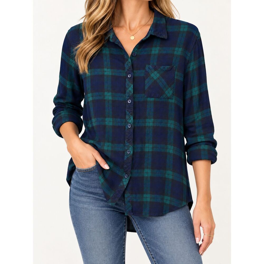 BeachLunchLounge Womens XL Black Watch Plaid Rayon Button Down Shirt Green Navy